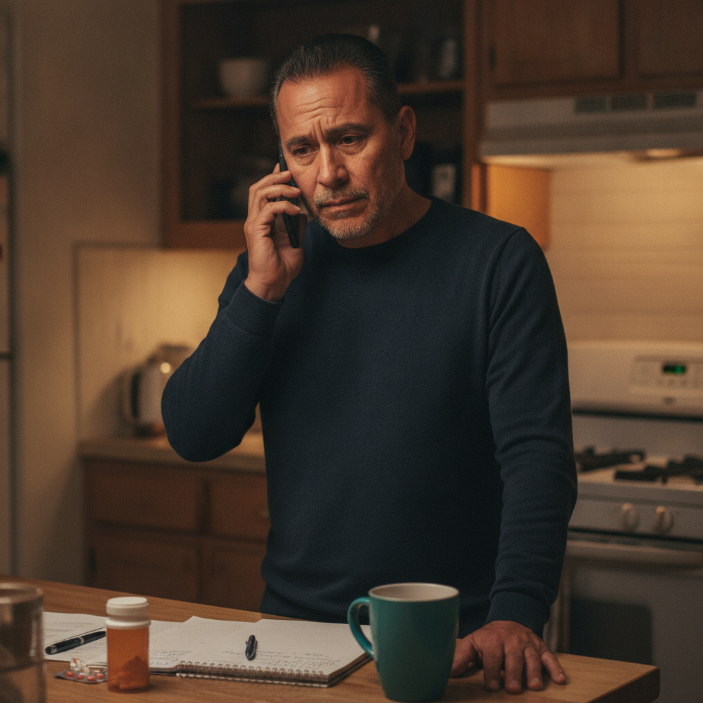 A man on the phone late at night, coordinating a parent's care