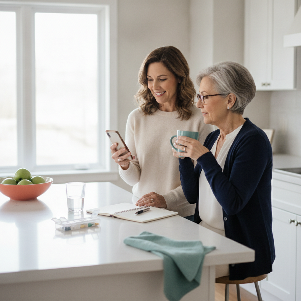 A caregiver and the person they look after, at home between visits